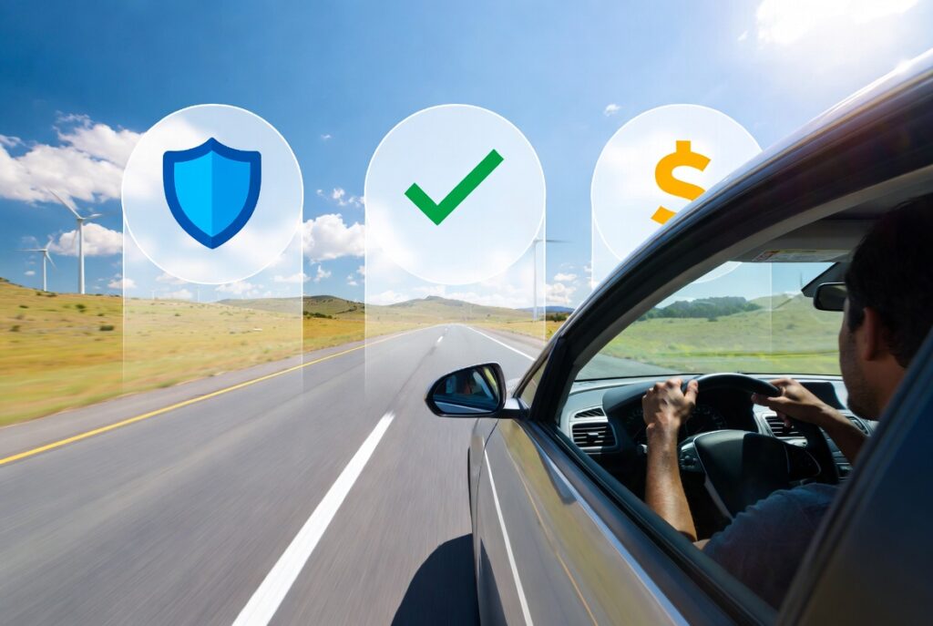 Confident driver safely navigating a sunny Texas highway in a modern car, demonstrating defensive driving with floating blue and teal benefit icons (safety shield, checkmark, and dollar sign).