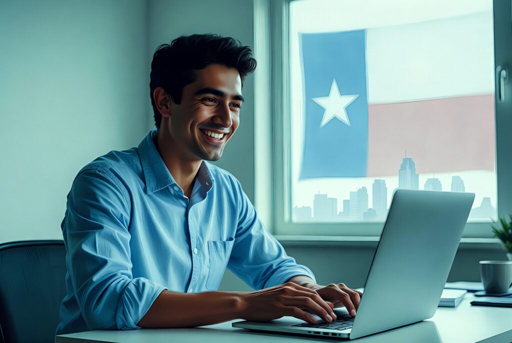 Smiling young diverse professional completing Texas defensive driving course online at a bright home office desk, with Texas flag and Austin skyline in background.