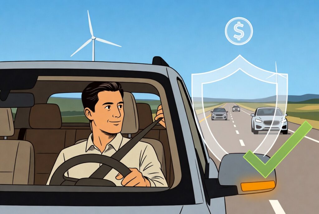 Confident Hispanic male driver safely changing lanes on a sunny Texas highway while checking blind spot, illustrating defensive driving techniques with safety icons.