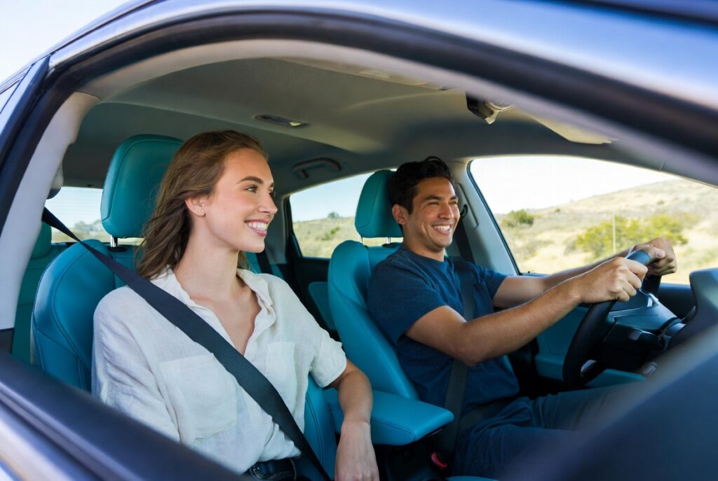 Happy diverse couple (Caucasian woman and Hispanic man) smiling while driving on scenic Texas highway, both wearing seatbelts in a modern car.