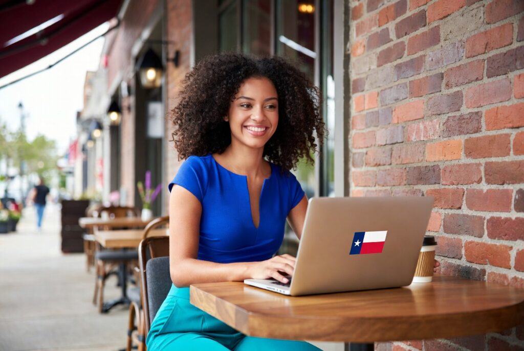 Happy young woman with curly hair smiling confidently while taking an online Texas defensive driving course on her laptop at a sunny outdoor café table, holding a coffee cup.