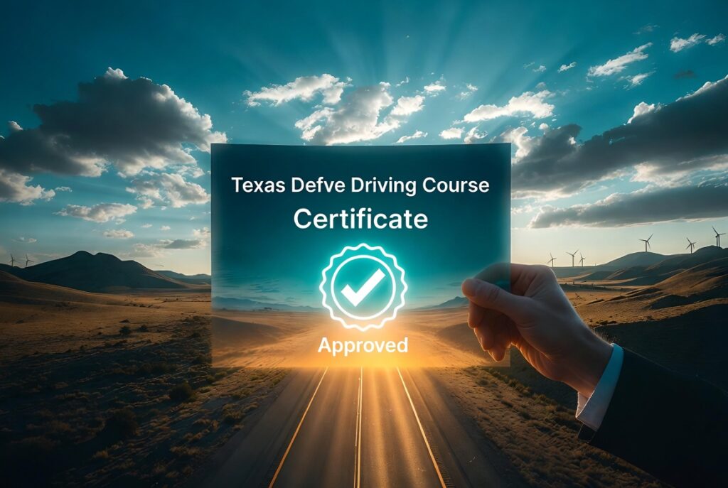 Stunning aerial view of Texas highway at golden hour with hand holding completed Texas Defensive Driving Course certificate, showing approved checkmark overlay.