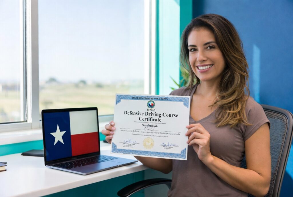 Satisfied young diverse woman proudly holding her official Texas Defensive Driving Course certificate at a modern desk with laptop, celebrating course completion.