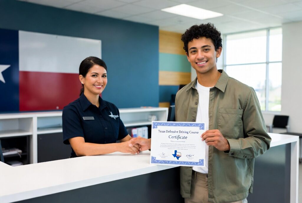 Friendly young diverse man smiling as he submits his printed Texas Defensive Driving Course certificate at a modern government office counter.